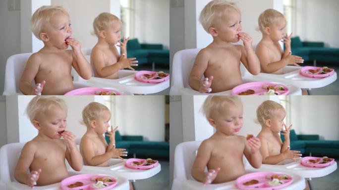 儿童健康均衡植物性饮食。2岁的双胞胎喜欢他们的有机素食午餐