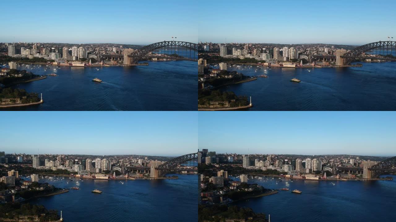 悉尼海港的全景无人驾驶飞机，可以看到大桥、中央商务区、北悉尼、巴兰加鲁、薰衣草湾和船只