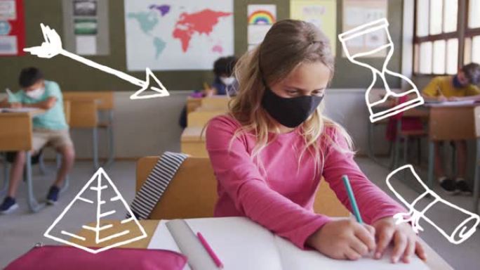 学校物品图标的动画在戴着口罩的学童身上移动