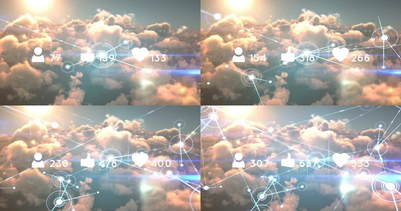 在云和天空上生长的社交媒体图标和数字的动画
