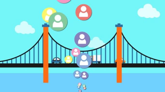 崛起的彩色人物图标的动画，在交通过桥上