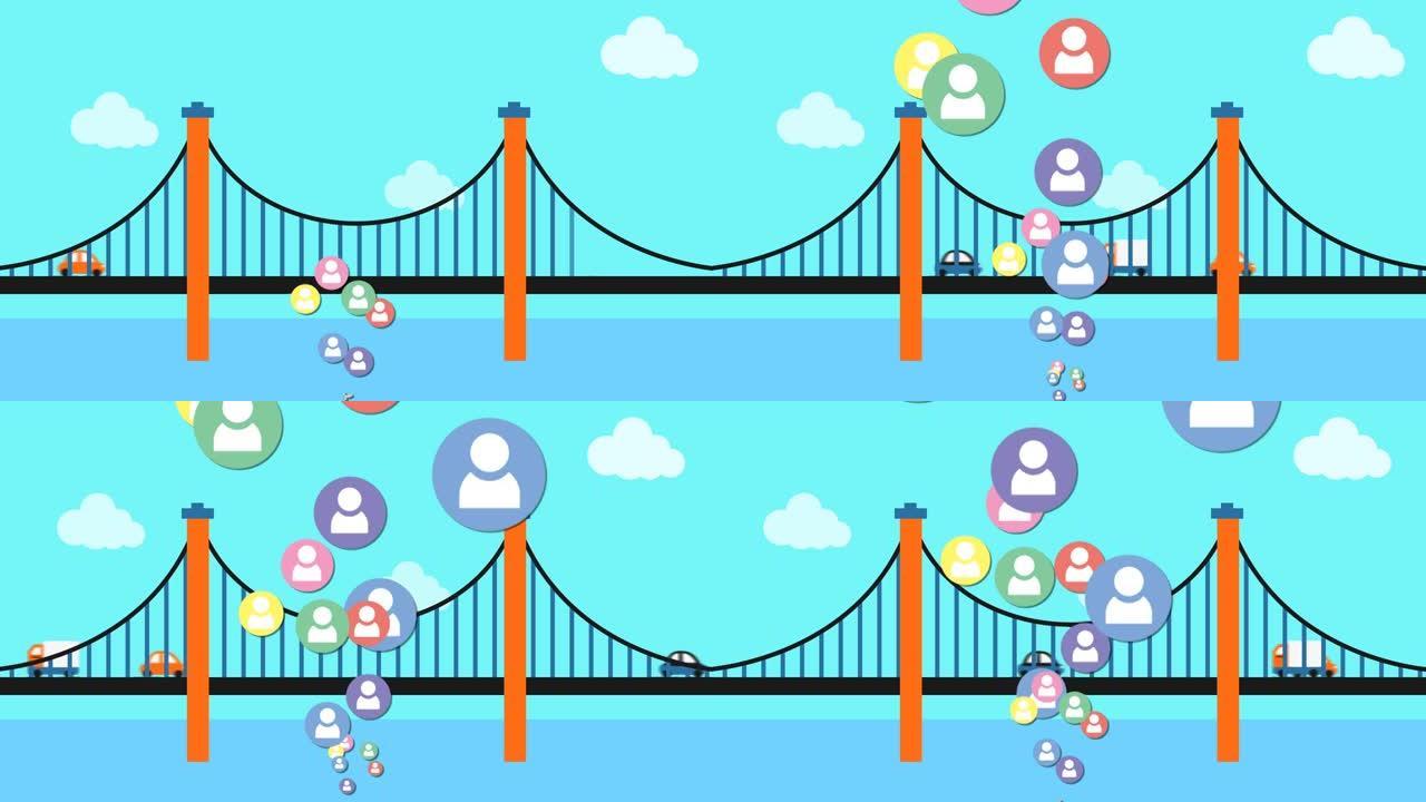 崛起的彩色人物图标的动画，在交通过桥上