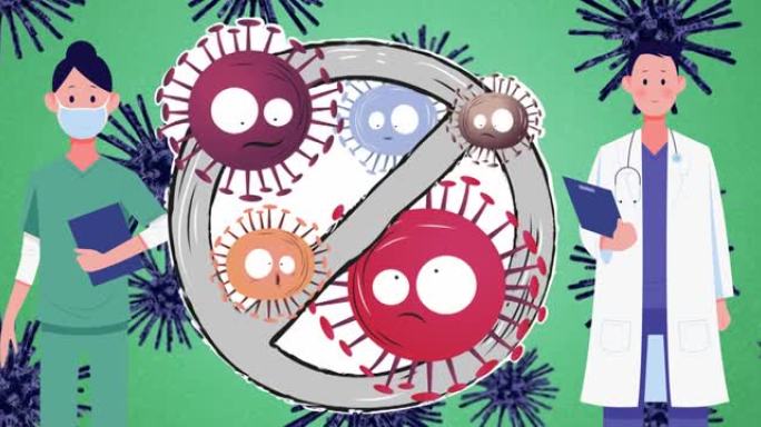 面具和禁止标志的人在病毒细胞上的动画