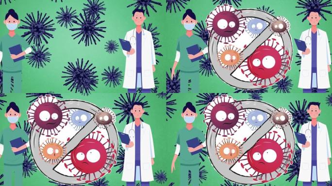 面具和禁止标志的人在病毒细胞上的动画