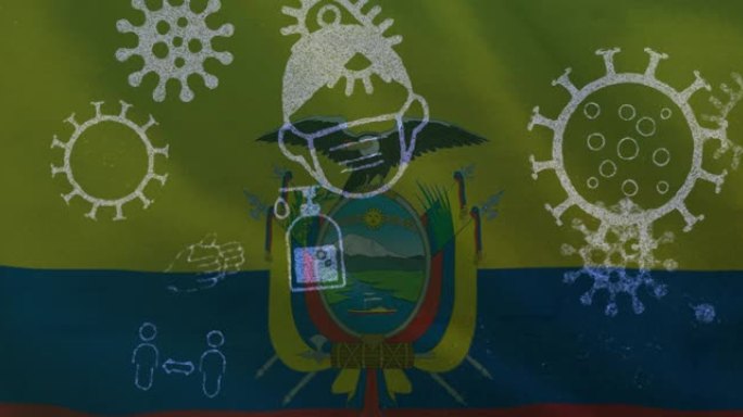 厄瓜多尔国旗上的covid 19病毒细胞和数字图标的动画