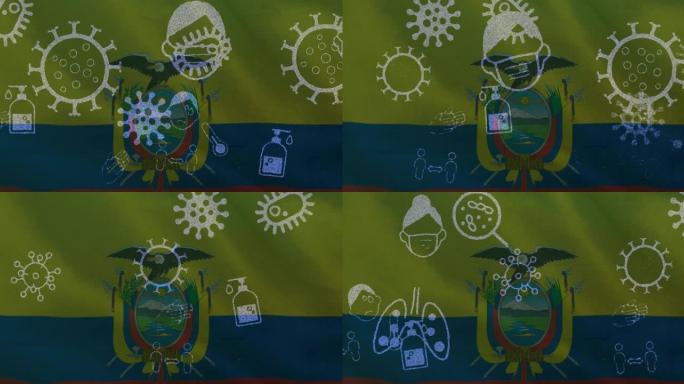 厄瓜多尔国旗上的covid 19病毒细胞和数字图标的动画