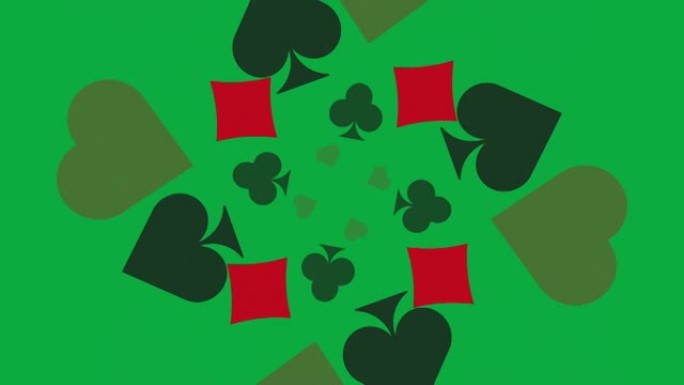 绿色背景，带有钻石、俱乐部、红心和黑桃扑克牌符号。带有赌博概念动画螺旋的简单运动图形