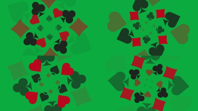 绿色背景，带有钻石、俱乐部、红心和黑桃扑克牌符号。带有赌博概念动画螺旋的简单运动图形