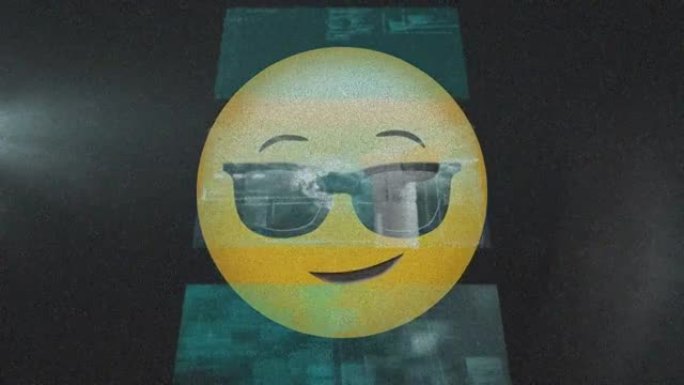 黑色背景上戴着太阳镜表情符号的面部数据处理多个屏幕