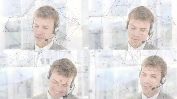 办公室带耳机的商人连接网络动画