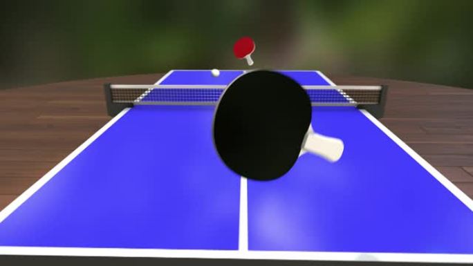 乒乓球游戏的3D动画。红色小球拍的POV在蓝色桌子上来回击打乒乓球。具有第一人称视角的动态动作。虚拟