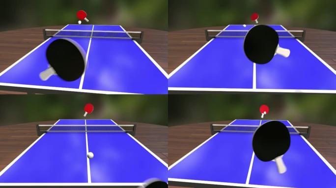 乒乓球游戏的3D动画。红色小球拍的POV在蓝色桌子上来回击打乒乓球。具有第一人称视角的动态动作。虚拟
