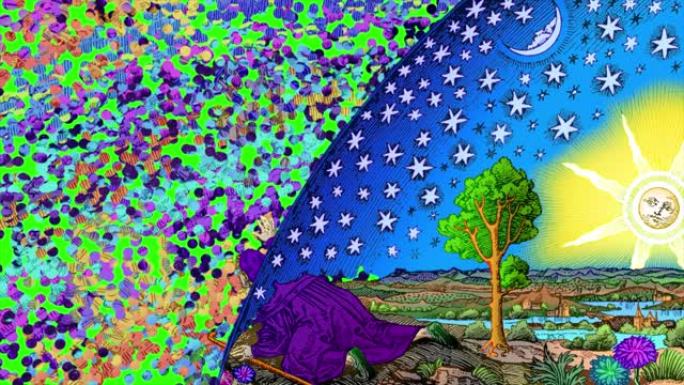 Flammarion在彩色宽屏幕上，带有动画树。左侧天空破裂成粒子并显示绿色屏幕