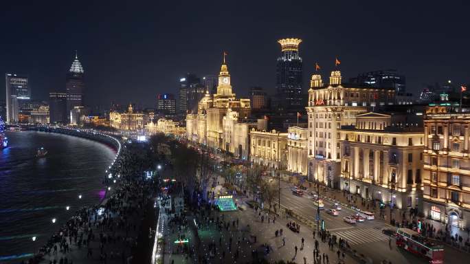 航拍上海外滩夜景-万国建筑群