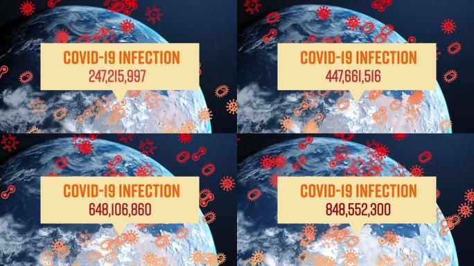 新型冠状病毒肺炎感染文本与越来越多的案例反对新型冠状病毒肺炎细胞图标漂浮在地球上