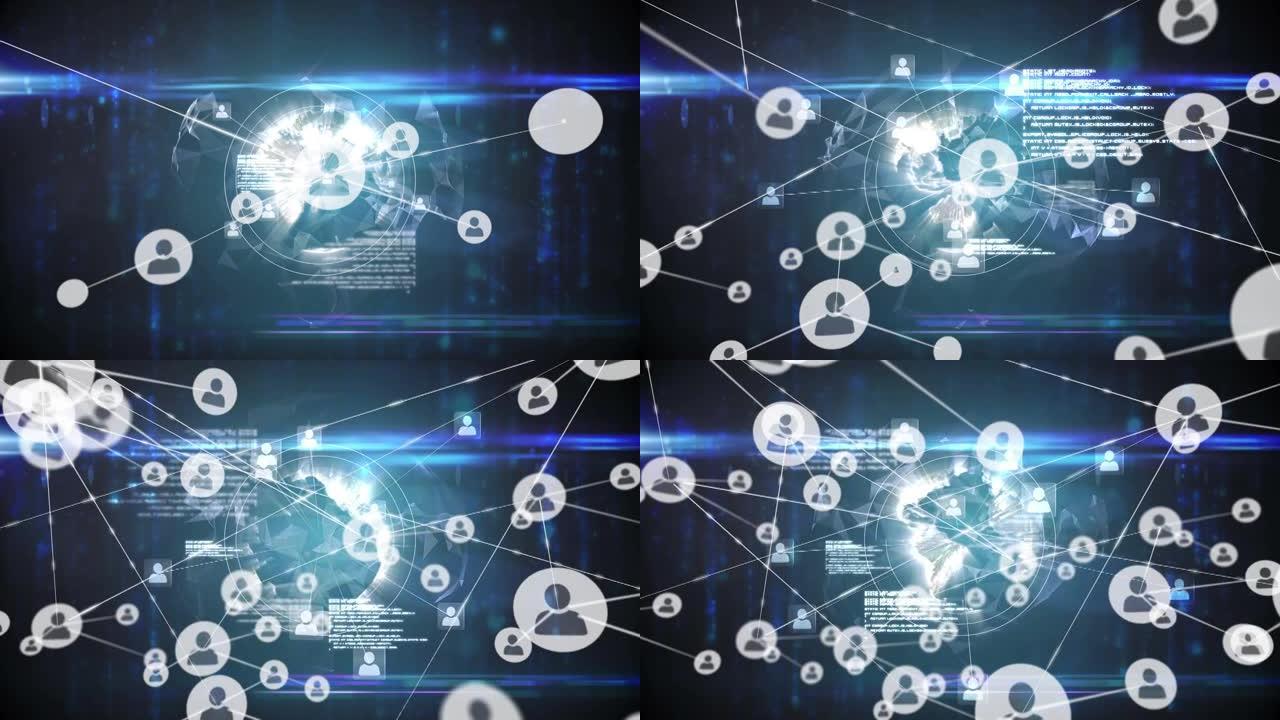 黑色背景上带有图标的连接网络动画