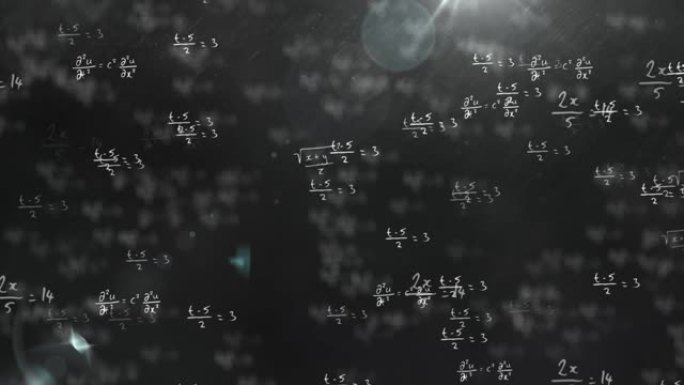 黑暗背景上的灯光上的数学图纸和公式的动画