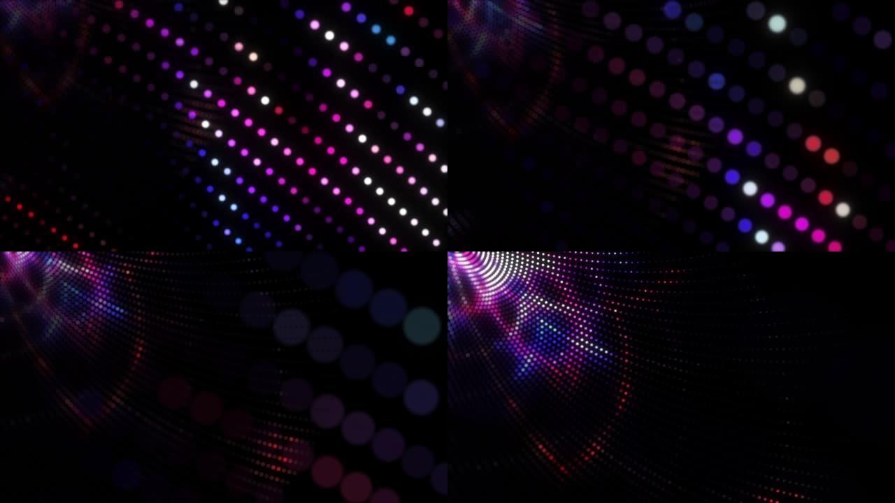 抽象3D渲染技术粉红蓝色数字霓虹灯点运动与模糊的散景背景概念。4k未来纹理发光粒子。科学、商业、高科