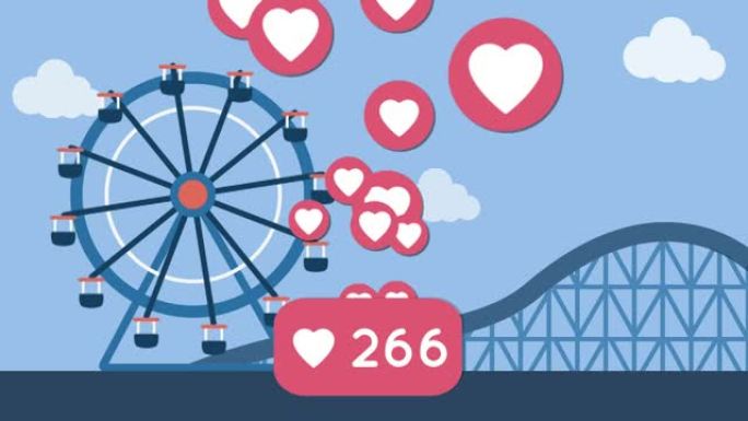 红心上升的动画爱情符号和数字，在游乐场上