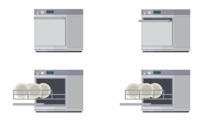 洗碗机。洗碗动画。卡通