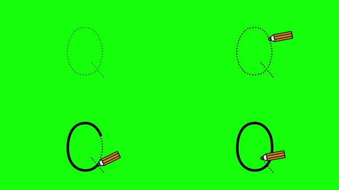 英语字母表写作教程。用隔离在绿色屏幕上的铅笔跟踪字母q。儿童动画字母样本字母q的顺序书写