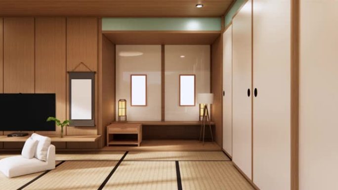 薄荷最小房间日式设计。3d渲染