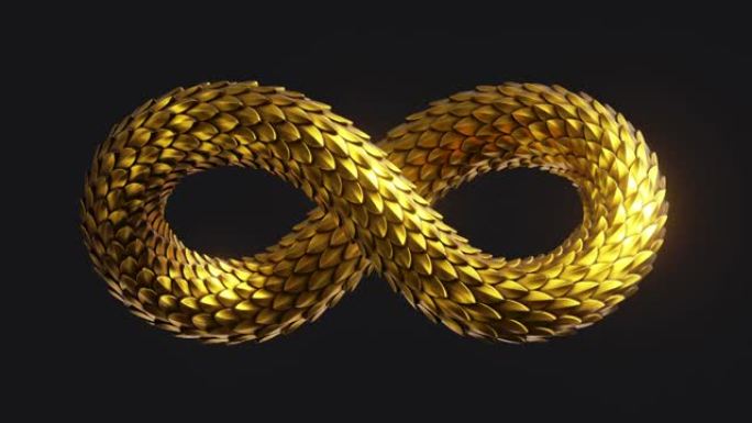 3d无限符号的循环动画，带有金色鳞片纹理，孤立在黑色背景上。抽象动画移动蛇