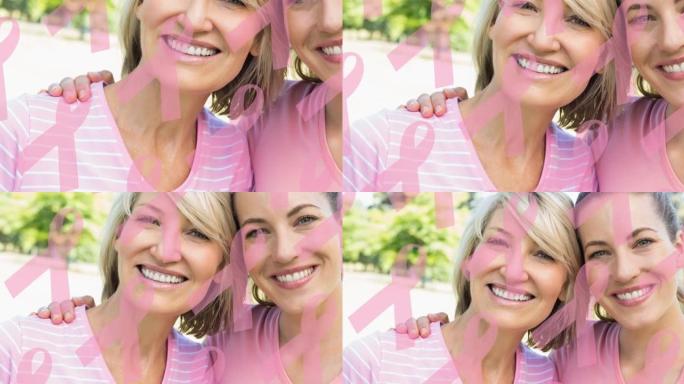 动画的多个粉红色丝带标志的不同群体的微笑的妇女