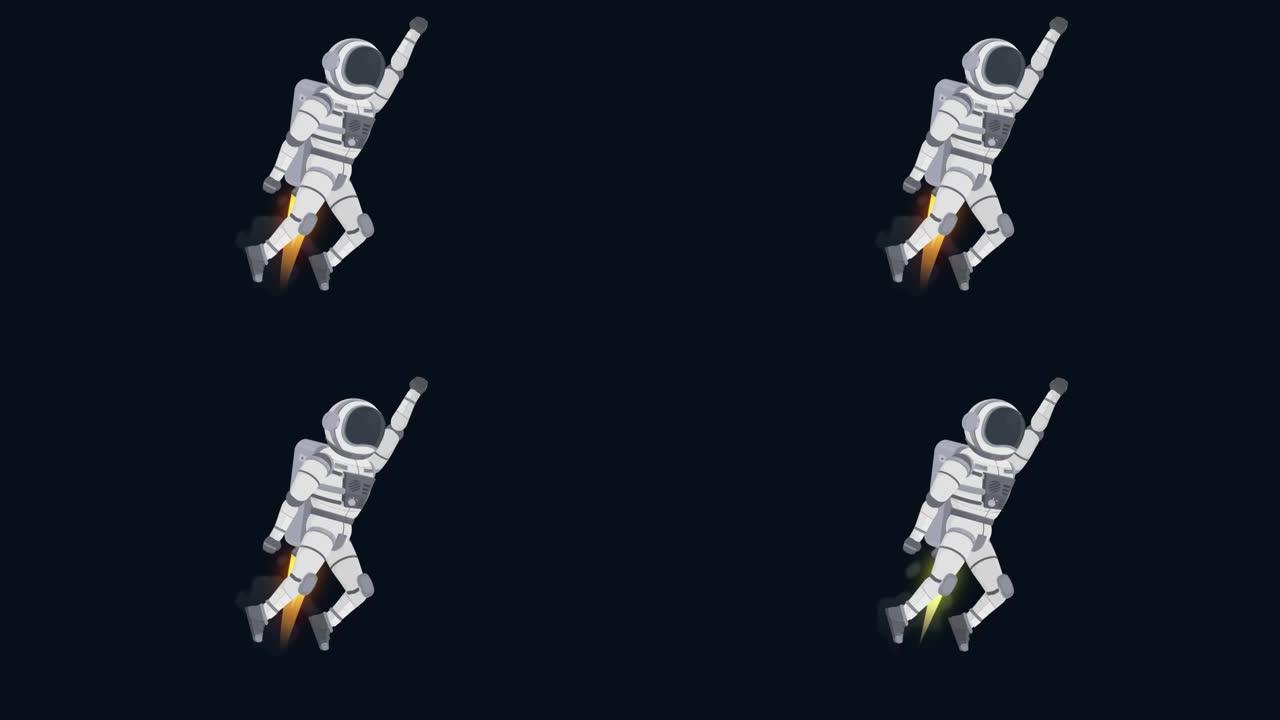 宇航员太空任务。太空人在火箭上飞行的动画。卡通