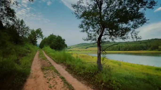 在乡村道路上行驶第一视角乡间小路路边风景