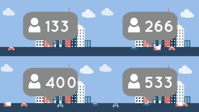 面对高层建筑的道路上的车辆数量不断增加的轮廓图标