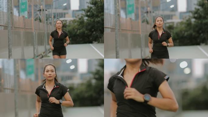 疾病预防，泰国慢跑者妇女在城市下班后慢跑-股票视频