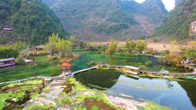 广西靖西鹅泉夕阳喀斯特地貌自然风光航拍