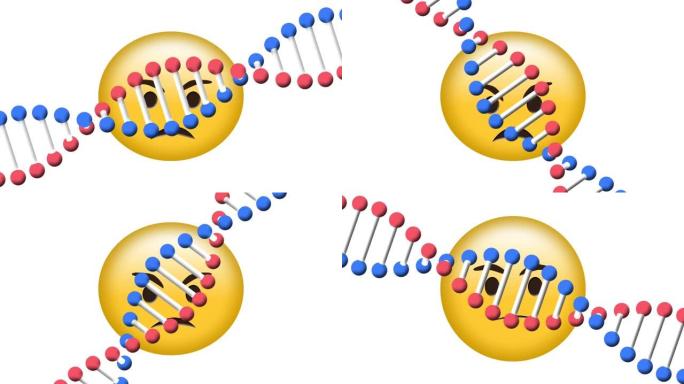 dna结构的数字动画在白色背景下在愤怒的表情符号上旋转