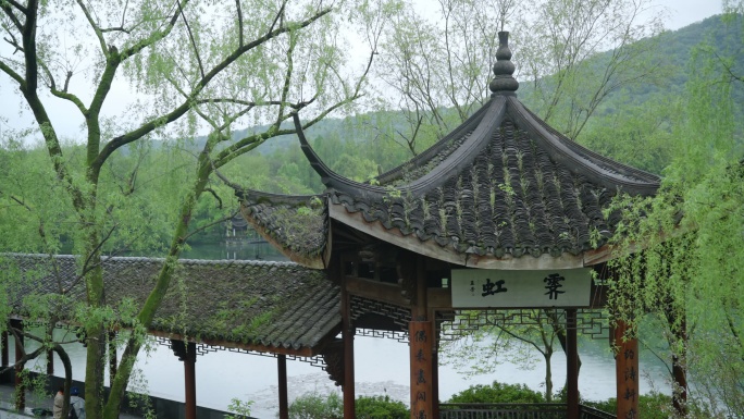 春天杭州乌龟潭阴雨天古建筑植物绿色自然