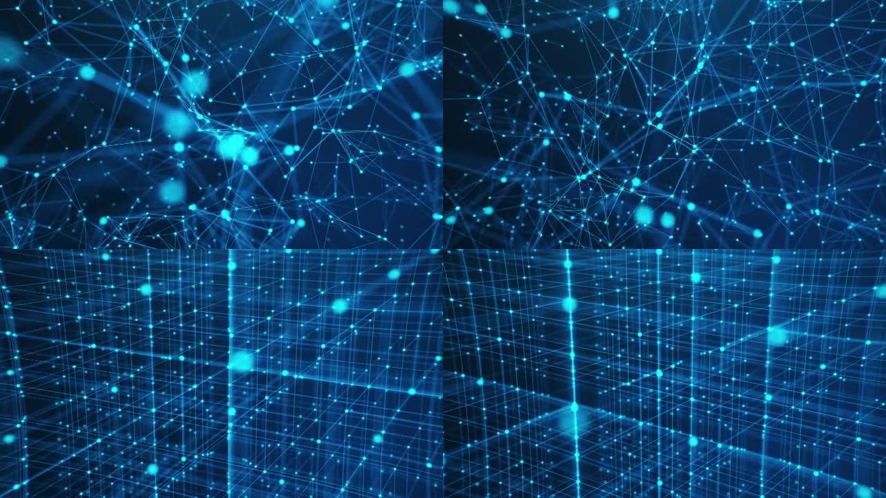抽象技术ai，人工智能立方体。网络连接结构。点和线的移动背景被转换为构造的结构-立方体。网络中的数据