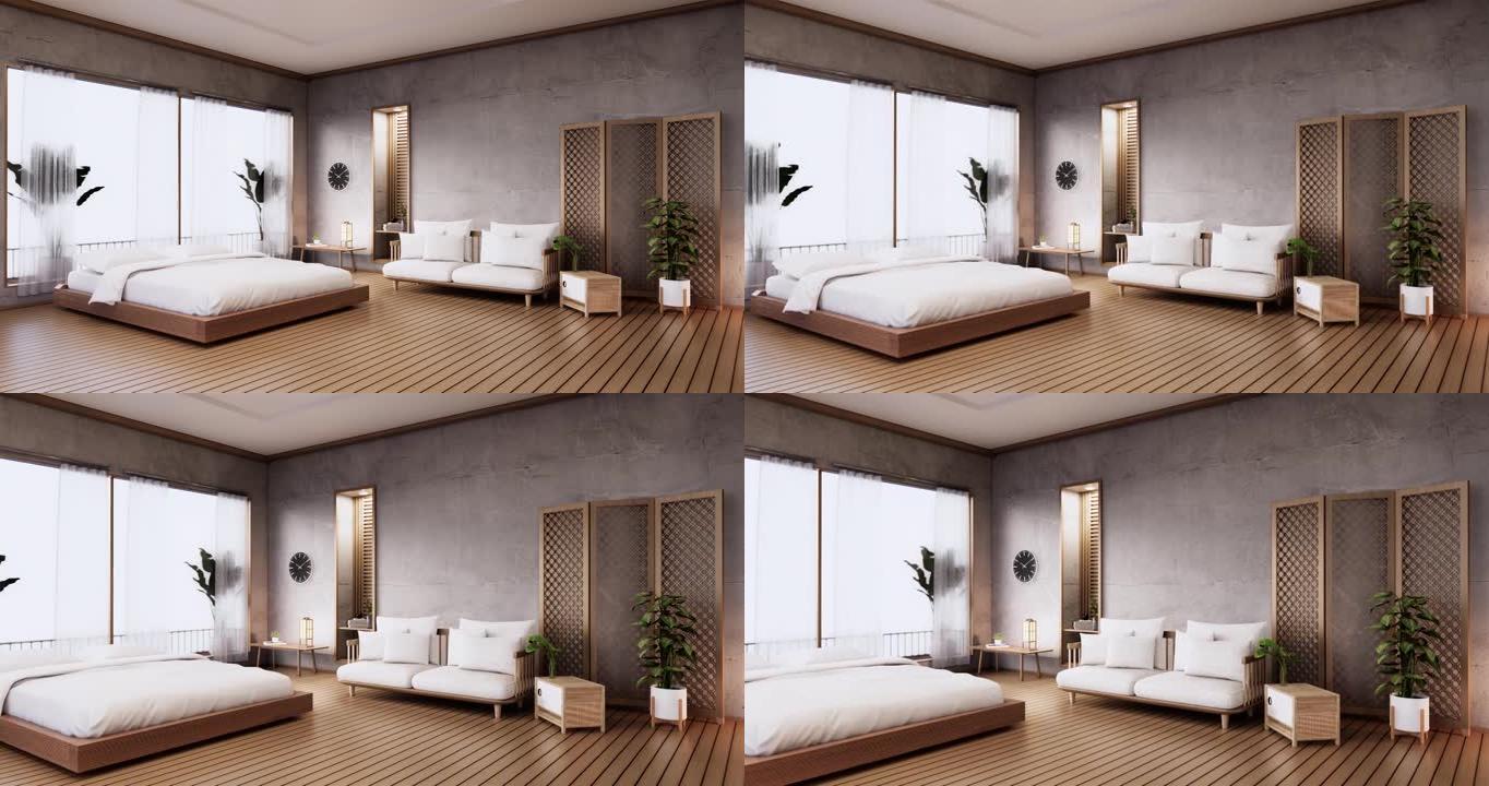 家庭内墙模型，卧室木床最小设计。3D渲染。