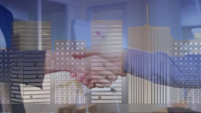 两个商人握手的动画，在城市建筑物上