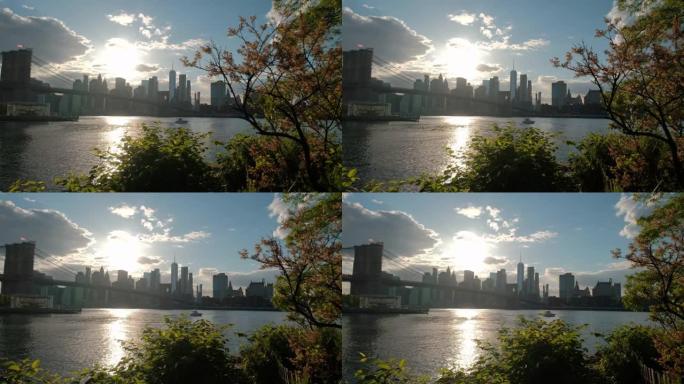 日落时分，纽约布鲁克林大桥的宽阔视野。移动相机