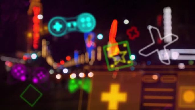 霓虹灯视频游戏的动画数字接口闪烁在焦点外的交通灯上