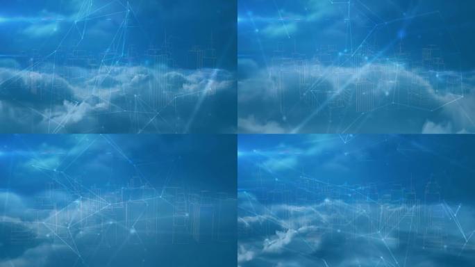 3d城市模型上的连接网络在蓝天中旋转对抗云层