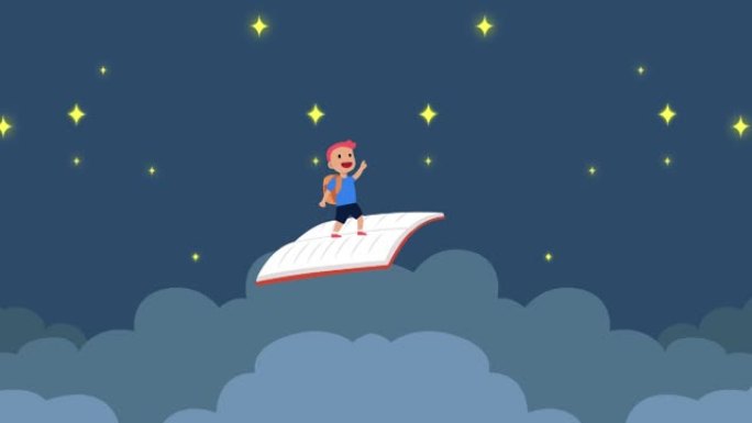 快乐的小男孩在夜空中带着书飞翔