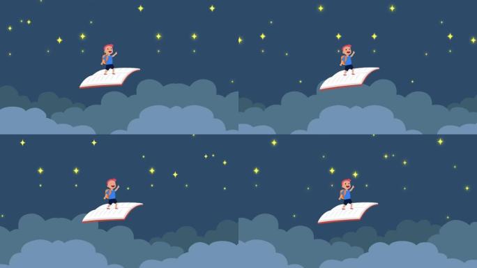 快乐的小男孩在夜空中带着书飞翔