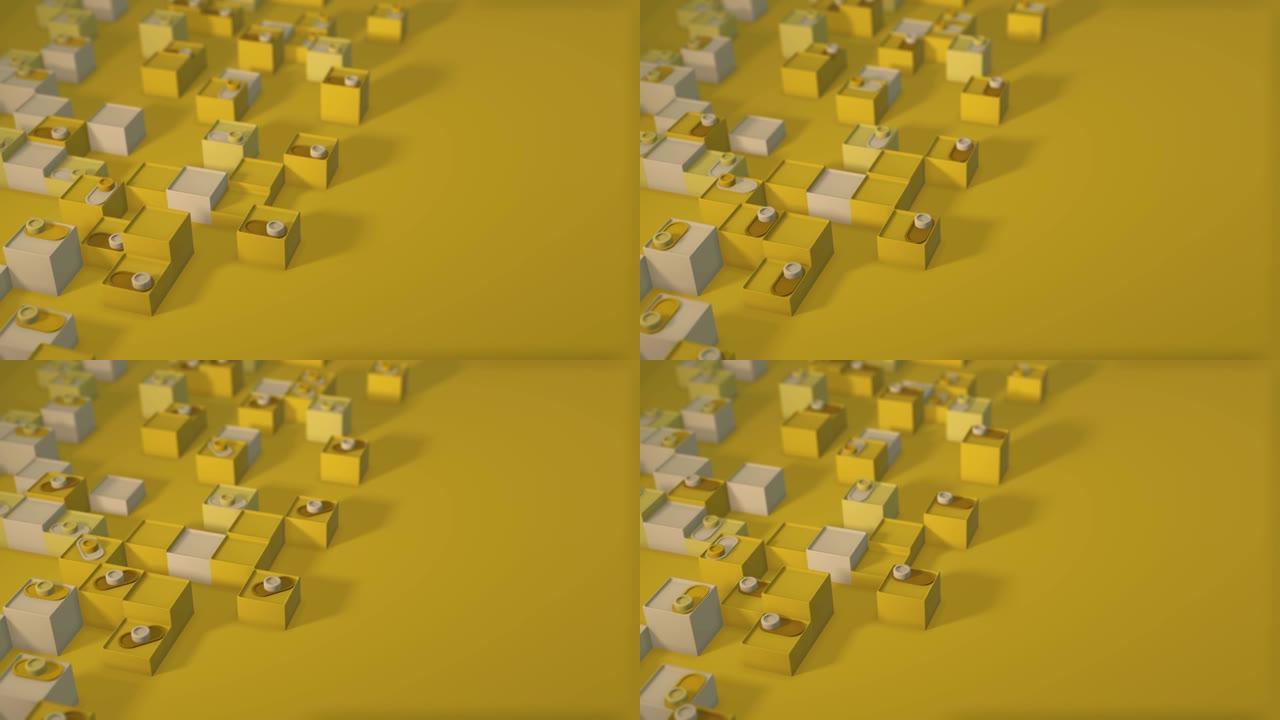 具有几何形状的循环动画的3d渲染。无尽的动画。形状变化的令人满意的平静视频。滑块打开。阳光黄色。景深