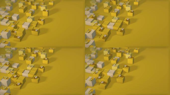 具有几何形状的循环动画的3d渲染。无尽的动画。形状变化的令人满意的平静视频。滑块打开。阳光黄色。景深