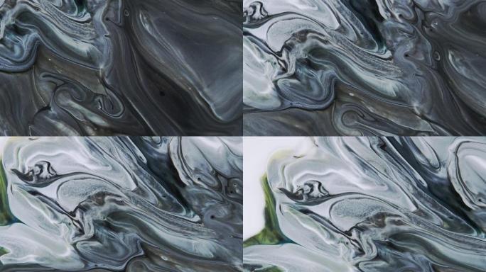 透明反应，液滴向不同方向扩散。细胞结构。灰色背景图像。油漆从画布上滴下来。液体油漆污渍。软过渡。抽象