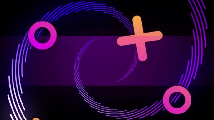橙色和粉红色十字架和圆环的动画，紫色螺旋在黑色背景上
