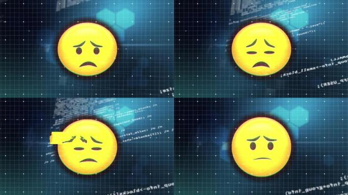 蓝色背景上的数据处理对悲伤表情符号的毛刺效果的数字动画