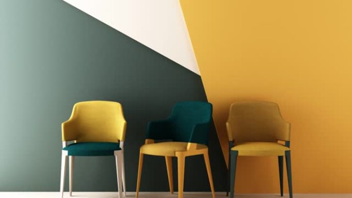 黄色和绿色的椅子，沙发，空背景中的扶手椅。由极简主义装置艺术的几何形状概念包围。3d渲染模型