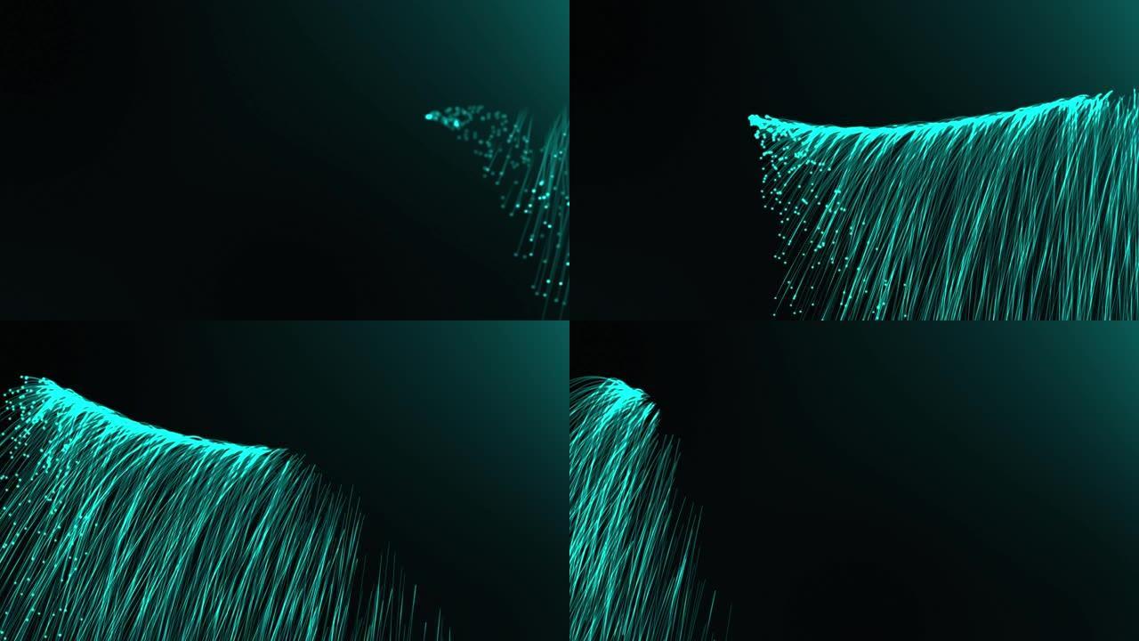 黑色背景上层叠发光蓝色纤维的动画